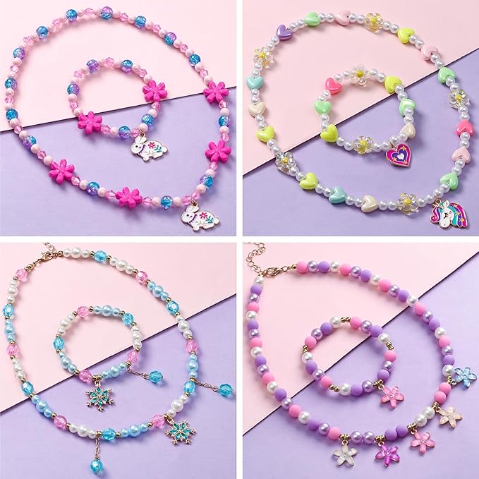 4 Sets Girls Jewelry Princess Unicorn Flower Frozen Necklaces Bracelets for Toddler Girl Princess Costume Dress Up Play Party Favors Toy Gifts for Little Girls Years Old 3 4 5 6 7 8
