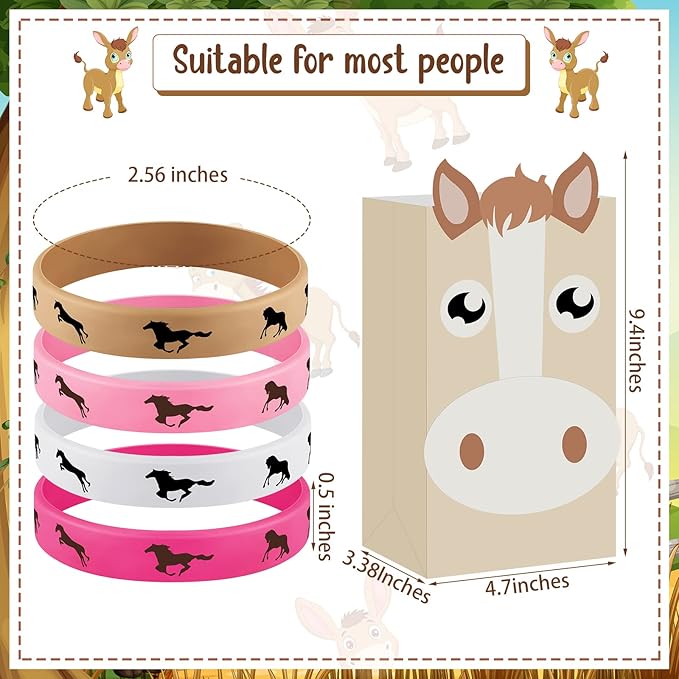 36 Pcs Horse Party Favors Including Horse Treat Favor Bags Horse Party Bag Cowboy Candy Bags Horse Rubber Bracelets for Baby Shower Horse Birthday Party(Light Brown, Rose, Pink, White)