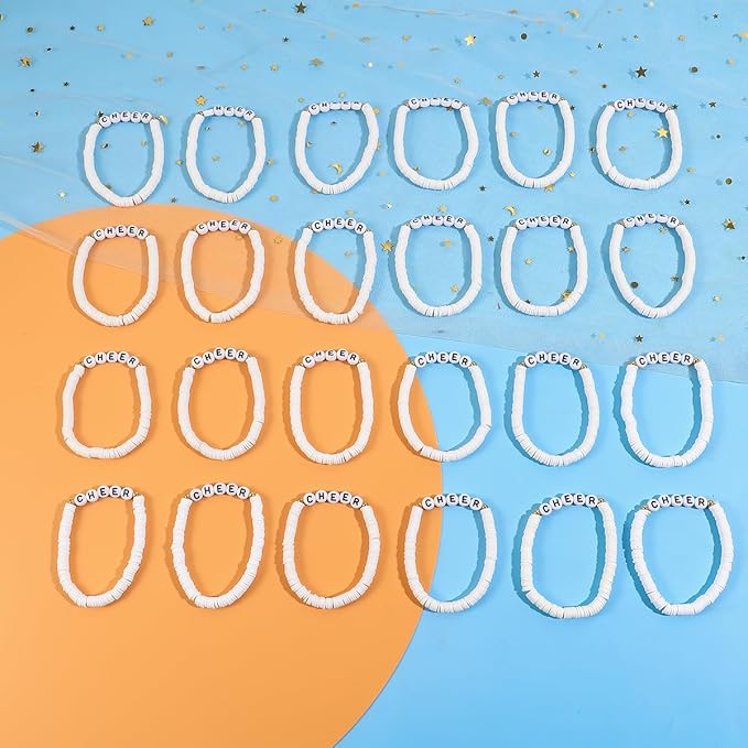 24 Pcs Cheerleader Gifts for Girls Handmade Friendship Bracelets for Teen Girls Stretch Cheer Bracelets Y2k Cheer Stuff Stackable Clay Bead Bracelets Bulk Teens Birthday Christmas Party Favors