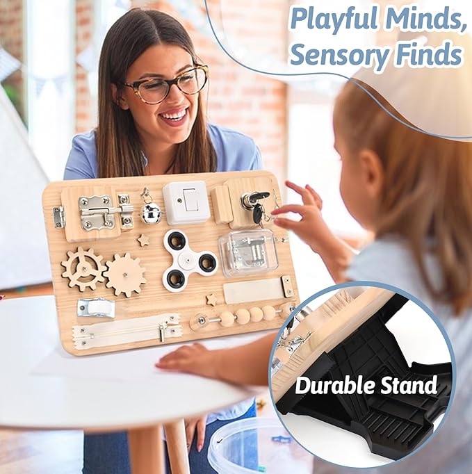 Montessori Wooden Busy Board - Sensory Toys for Toddlers Fine Motor Skills - Activity Board Toys for Kids - Educational Fidget Travel Toys for Baby Boy & Girl - Birthday Gifts for Autism & ADHD