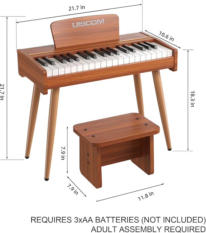 Kids Keyboard Piano, 37 Keys Digital Piano, Toddler Musical Instruments, Wooden Kids Piano with Bench, Toddler Piano for 3+ Girls and Boys, Brown