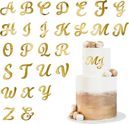 Acrylic Alphabet Cake Topper DIY Personalized Name Cupcake Toppers with A-Z Letter Mirrored Gold Picks for Custom Wedding Cake Decorations Baby Shower Happy Birthday Party Supplies (Uppercase)