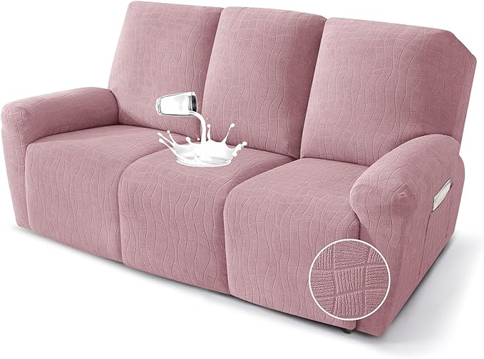 MAXIJIN Waterproof Recliner Couch Cover 5 Pieces Recliner Sofa Covers 3 Seater, Reclining Couch Furniture Protector with Elastic Straps & Pockets for Pet, Kids (Sofa Recliner, Dusty Pink)