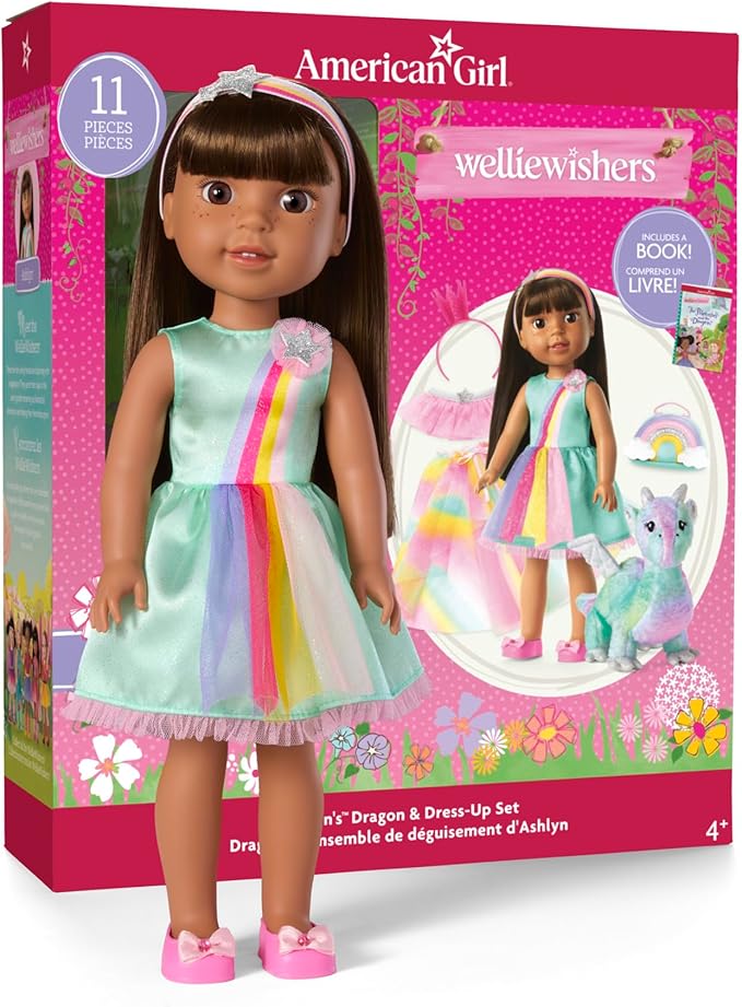 American Girl WellieWishers 14.5-inch Ashlyn Doll Playset with Crisella The Dragon, Doll Dress and Accessories, and Storybook, for Ages 4+