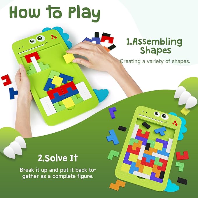 40 Pcs Wooden Blocks Puzzles, Jigsaw Puzzles, Dinosaur Wooden Brain Teaser Puzzles IQ Game Toy, Educational Puzzle, Intelligent Tangram 3D Russian Blocks for 3+ Years Old Kids