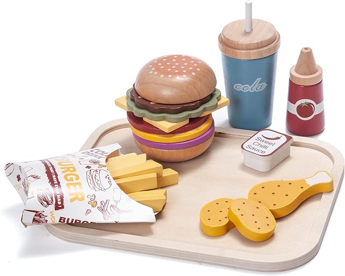 25pcs Wooden Fast Food Set Play Kitchen Accessories, Toddler Pretend Play Toy Food Hamburger Stacking Toy Playset with Fries, Kids Play Food Toy Kitchen Set Boys and Girls Birthday Gift