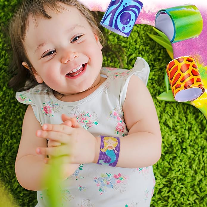 AMOR PRESENT Slap Bracelets Bulk, 48PCS Snap Bracelets for Kids Tie Dye Wrist Band Mermaid Sports for Party Favors Carnival Prizes Goodie Bags Groove Party