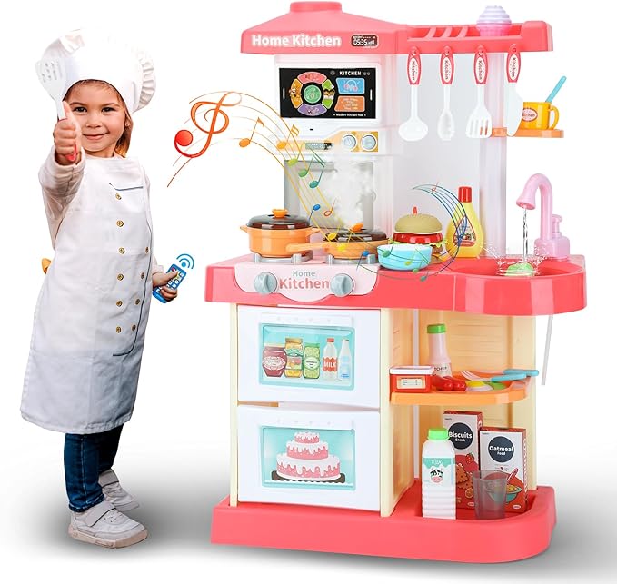 Kids Kitchen Playset, Toy Kitchen Set with Light, Music, Sink and Play Food Kitchen Accessories, Pretend Play Kitchen for Toddler 3-5