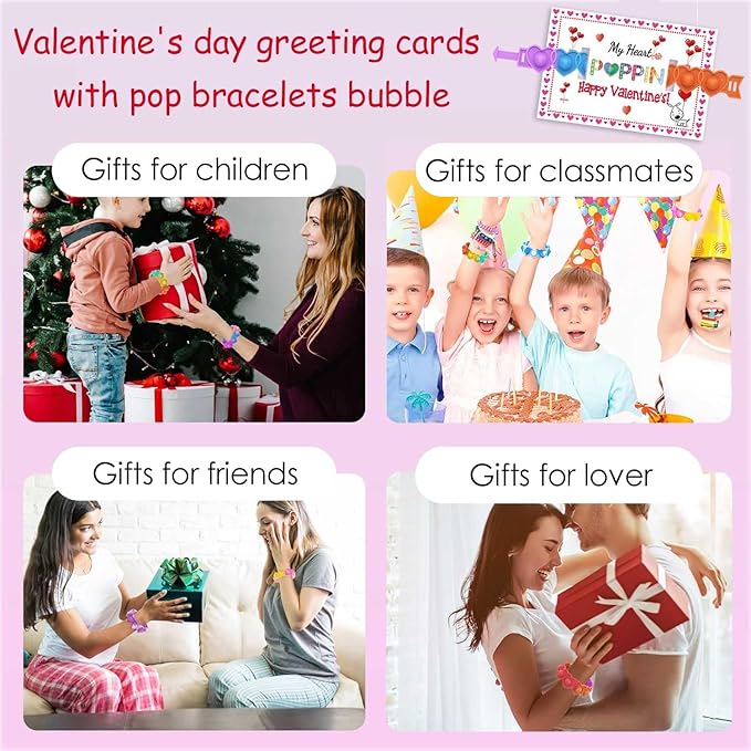 30 Packs Valentine's Day Cards for Kids with Heart Pop Bracelets Bubble Toys, Valentine's Day School Classroom Prizes, Valentine Exchange Gift, Kids Valentine Party Favors