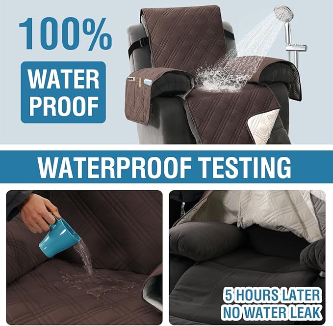 H.VERSAILTEX 100% Waterproof Reclining Couch Covers 1-Piece Reversible Recliner Chair Covers Furniture Protector with Elastic Straps for Pets Kids Sitting Width Up to 23" (Recliner, Brown/Beige)