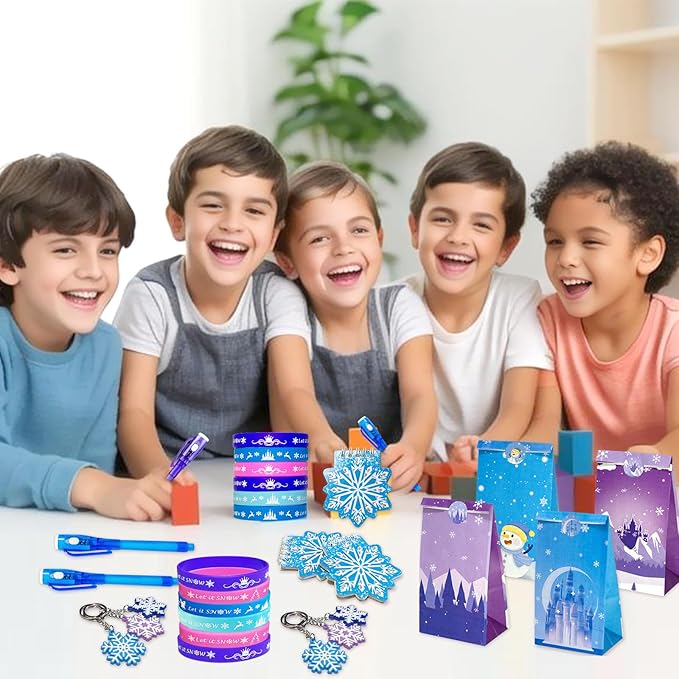 80 PCS Frozen Party Favors frozen birthday party decorations Invisible Ink Pen Mini Notebook Paper Gift bag Silicone Bracelet Keychain Frozen Stuffer Toy Gift