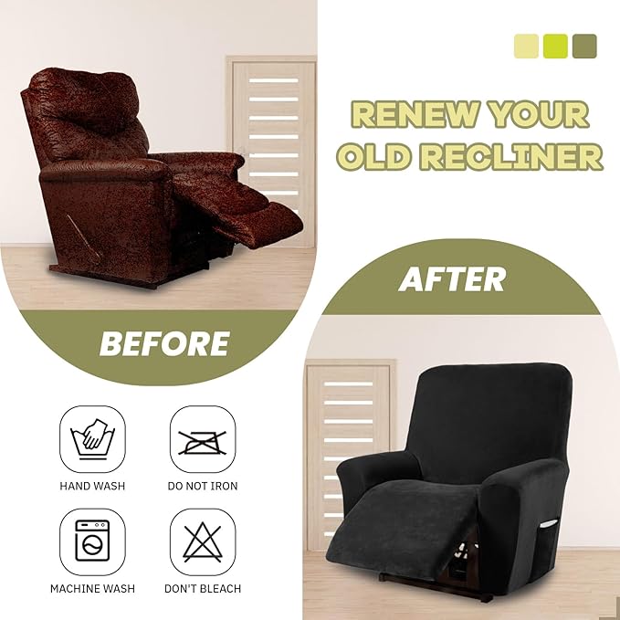 AZON Velvet Stretch Recliner Chair Cover,1-Piece Washable Recliner Couch Cover with Elastic Furniture Protector for Pets, Kids(Recliner, Black)