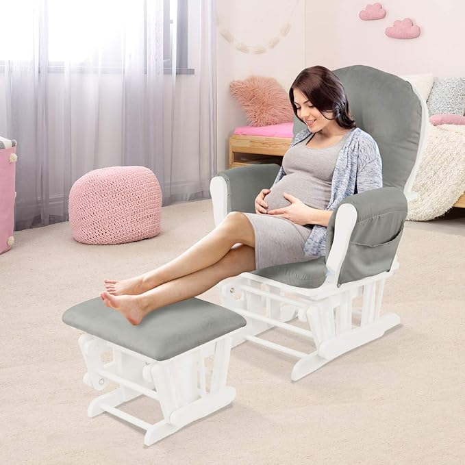Costzon Nursery Glider with Ottoman, Upholstered Comfort Glider Rocker with Padded Cushion, Storage Pocket, Solid Wood Base, Rocking Chair Nursery for Breastfeeding, Maternity, Napping (Light Gray)