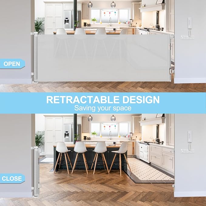 80 Inch Baby Gate Extra Wide Retractable Dog Gate Mesh Baby Gate Outdoor Baby Gates for Decks Indoor Mesh Gate Retractable Pet Gate Doorway Gate Safety Gates for Stairs Babies Kids gate (Light Gray)