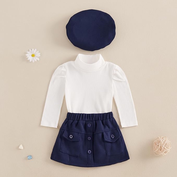 Fernvia Toddler Baby Girl Fall Winter Skirt Set Turtleneck Ribbed Long Sleeve T-Shirt Top & Plaid Skirts Dress 2Pcs Outfits