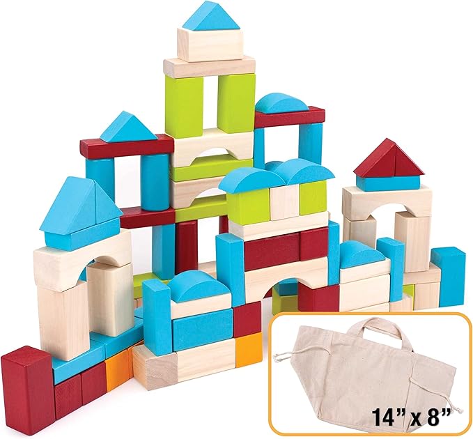 Imagination Generation 100 Piece Natural Wooden Building Block Set with Carrying Bag – Children's Deluxe Stacking Toy Set