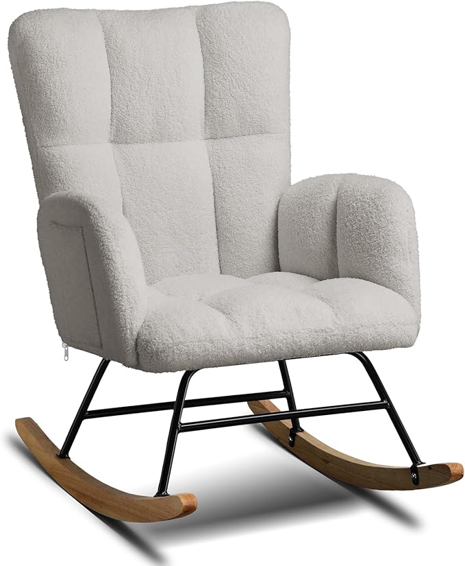 COMHOMA Nursery Rocking Chair, Teddy Upholstered Glider Rocking Chair with Side Pockets, Accent Chair with High Backrest Reading Chair for Adult, Nursery, Bedroom, Living Room,Offices (Grey)