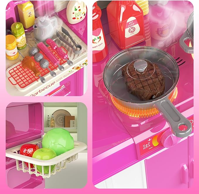 Kids Kitchen playset, Play Kitchen for Kids Ages 4-8, Accessories Set with Realistic Lights and Sounds, Simulation of Spray and Play Sink, Kitchen Set for Kids Ages 3-5 for Girls and Boys