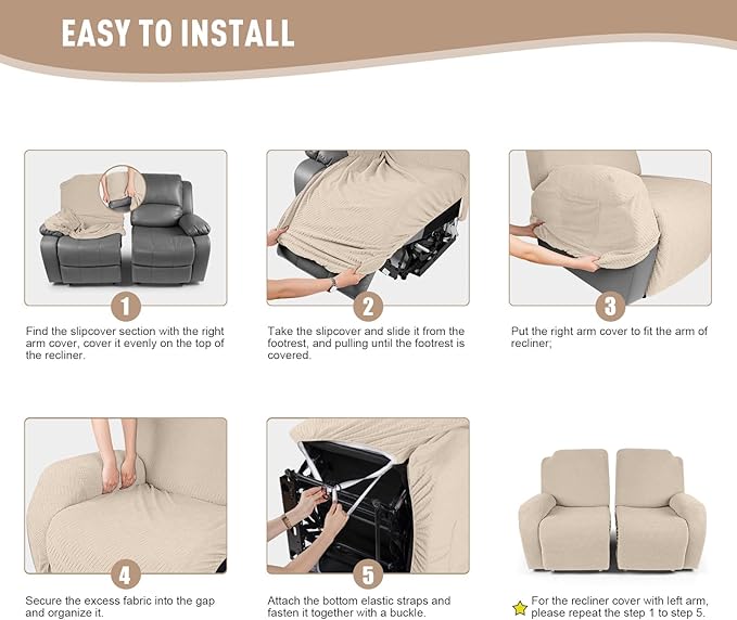 KinCam Recliner Covers, Stretch Reclining Chair Covers, Recliner Sofa Slipcovers Stripe Jacquard Recliner Couch Covers Furniture Protector Covers for Pet Kid (2 Seater, Vanilla)