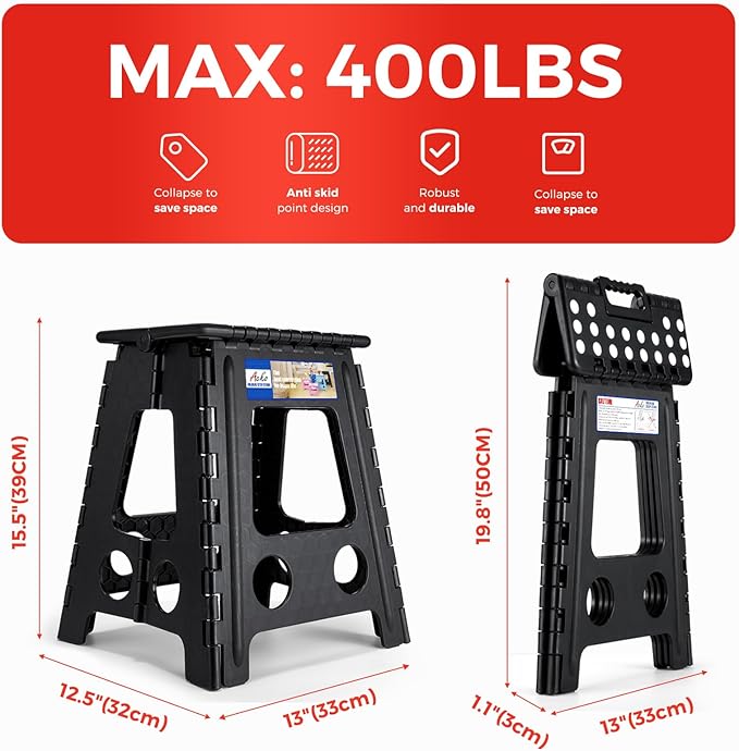 ACKO Folding Step Stool Foldable 16 Inch Stool 400 lbs Capacity,Plastic Stools for Adults and Kids,Collapsible Stool for Kitchen, Stepping Stool with Handle,Black,1 PC
