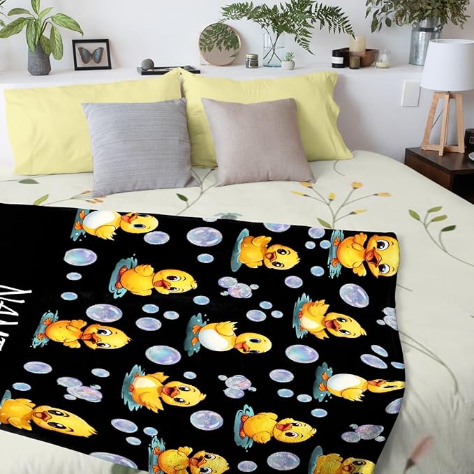 Custom Name Ducks And Bubbles Blanket Adult duck Blanket Kids Funny Blanket Suitable for Bedroom bed sofa Crib Couch Chair outdoor All Season Items That Yellow Duck Lovers Will Love 60"x50"for Teens