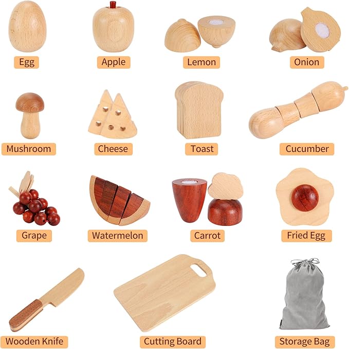 WHOHOLL Wooden Play Food, Toddler Cutting Play Food Sets for Kids Kitchen, Velcro Fake Food Fruit Toys for Pretend Play Kitchen, Montessori Toy Kitchen Accessories for Girls Boys Gifts