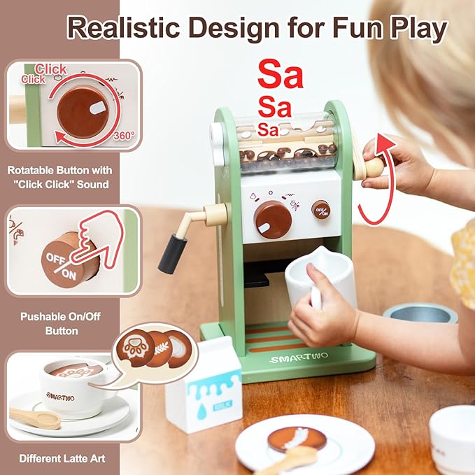Kids Wooden Coffee Maker Toy,Coffee Machine Playset with Grinder,Play Coffee Making Routine,Stimulates Imaginative Pretend Play and Life Skills,Birthday Gift for Toddler Boy Girl,17pcs