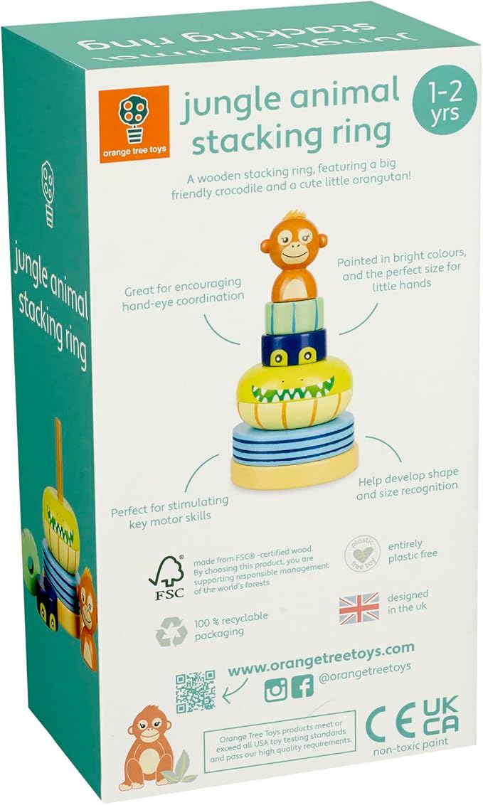 Orange Tree Toys: Stacking Ring: Jungle Animals - Wooden Colorful Stacking Puzzle Toy, Size & Motor Skills Developmental Toy, Toddler & Kids, Ages 1+