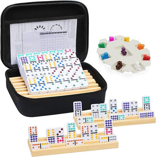Mexican Train Dominoes Set with 4 Wooden Trays/Racks, Double 12 Dominos Travel Set with 4 Domino Tiles Holders, 91 Tiles Double 12 Colored Dominoes Game Set with Portable Case for Families Kids