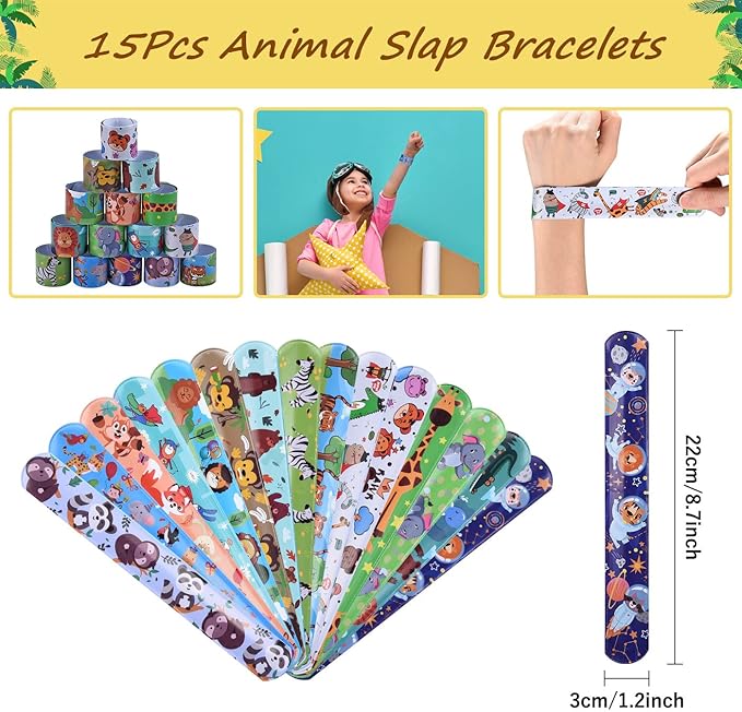 65Pcs Safari Jungle Animal Themed Birthday Party Favors for Kids, Baby Shower/Wild-One/Zoo Woodland Party Gift Goodie Bag Stuffers, Include Animal Masks/Slap Bracelets/Tattoos/Animal Squishies Toys