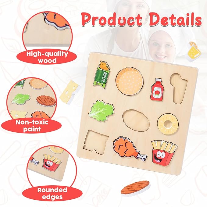 Adena Montessori Wooden Puzzles Play Fake Kitchen Fast Food Toys for Kids 2 3 4 Years Old