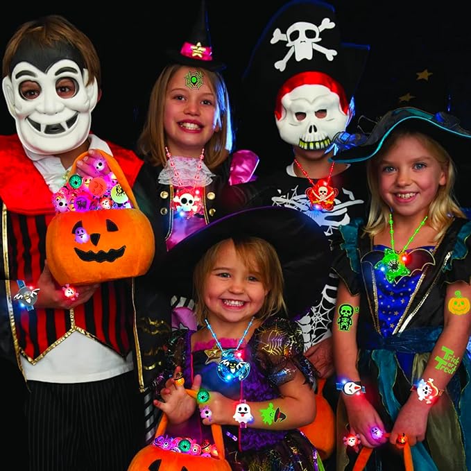 84Pcs Halloween Party Favors for Kids, Glow in The Dark Halloween Toys Bulk Light Up Rings Necklaces Bracelet Halloween Goodie Bag Fillers Stuffers Halloween Treats for Classroom Prizes Trick or Treat