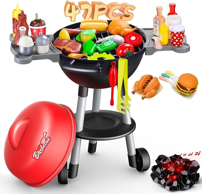 Kimiangel 47 PCS Kids Grill Playset, Interactive Kitchen Toy BBQ Grill Set with Sound & Light, Pretend Play Toy Outdoor Barbecue Cooking Kitchen Game Set Gift for Kids Boys Girls Ages 3+ Red