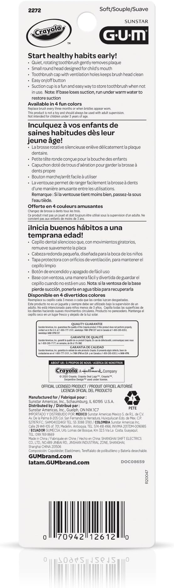 GUM Crayola Power Toothbrush for Kids, Extra Soft Bristled Toddler Toothbrushes, Travel Cap + Suction Cup Base, Batteries Included, 1ct (4pk)