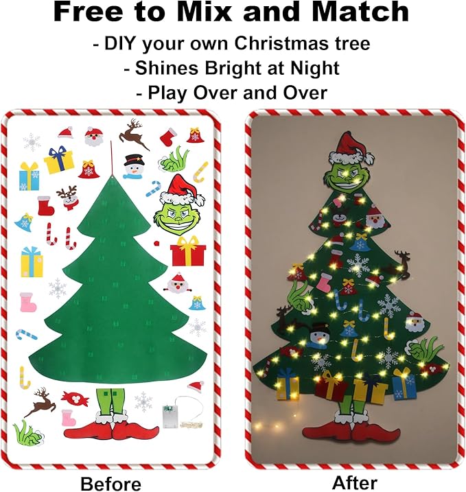 4.5ft Felt Christmas Tree for Toddlers with LED Light & 37pcs Ornaments, Velcro Montessori DIY Xmas Decorations - 4.5 Feet