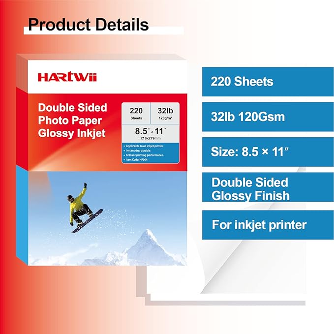 220 Pack Double Sided Photo Paper Glossy Inkjet 8.5x11 32lb 120gsm A4 Letter Size for All Dye Ink Printers