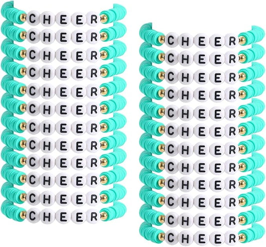 24 Pcs Cheerleader Gifts for Girls Handmade Friendship Bracelets for Teen Girls Stretch Cheer Bracelets Y2k Cheer Stuff Stackable Clay Bead Bracelets Bulk Teens Birthday Christmas Party Favors