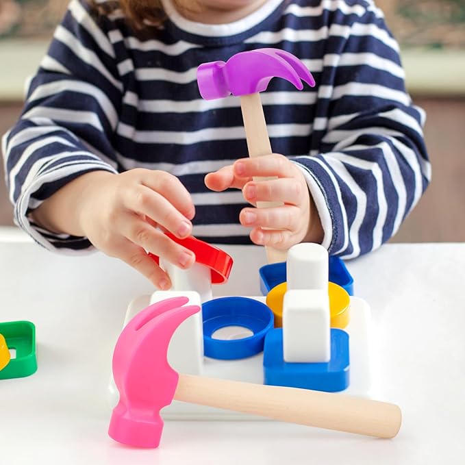 2 Pack Wooden Hammer Toys Simulation Hammers Maintenance Tools Educational Toys for Kids Birthday Party Games Supplies (Purple + Rose Red)