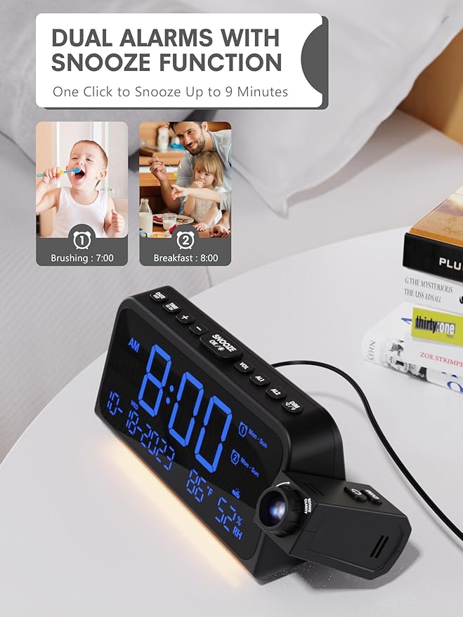 Projection Alarm Clock for Bedroom Ceiling, Digital Clock Projector with Weekday/Weekend Mode, Date, Temperature, Humidity, Type-C USB Charger, Snooze, Dual Alarms, Dimmer,12/24H