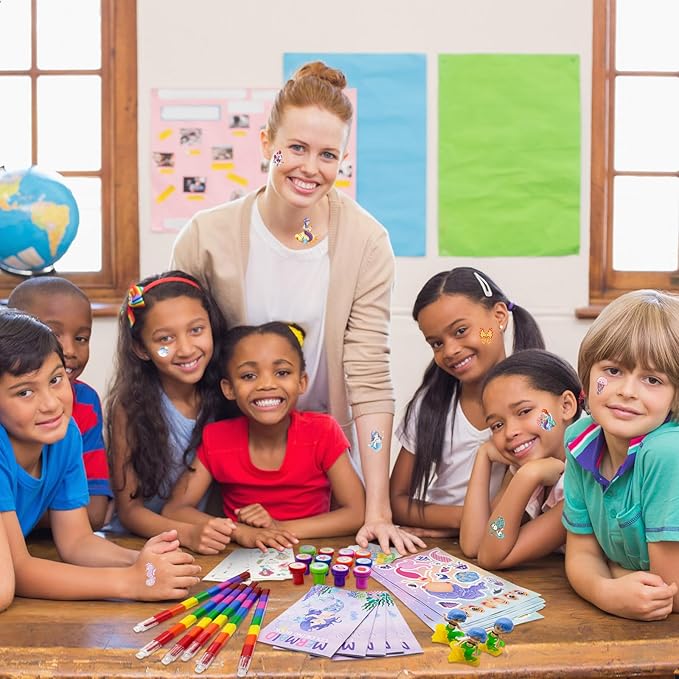 72 Pcs Mermaid Coloring Book with Crayons Party Favors Set, Under the Sea Party Pinatas Goodie Bag Fillers, Ocean Birthday Party Supplies Craft DIY Kit Face Stickers Tattoo for Underwater Party