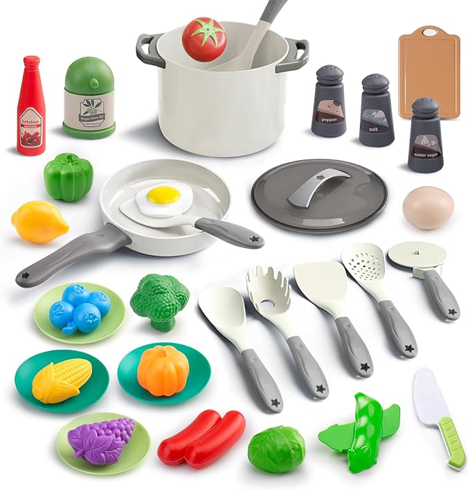 35Pcs Kids Kitchen Toy Accessories, Toddler Pretend Cooking Playset with Play Pots and Pans, Utensils Cookware Toys, Play Food Set, Toy Vegetables, Learning Gift for Girls Boys (White)