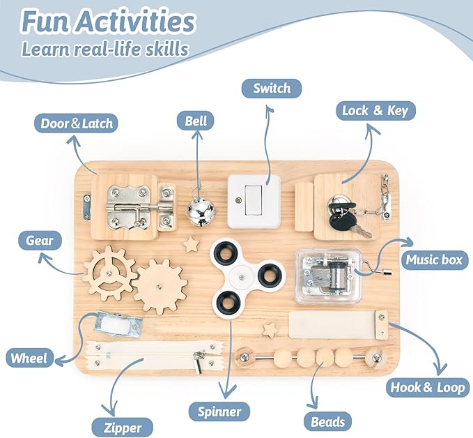 Montessori Wooden Busy Board - Sensory Toys for Toddlers Fine Motor Skills - Activity Board Toys for Kids - Educational Fidget Travel Toys for Baby Boy & Girl - Birthday Gifts for Autism & ADHD