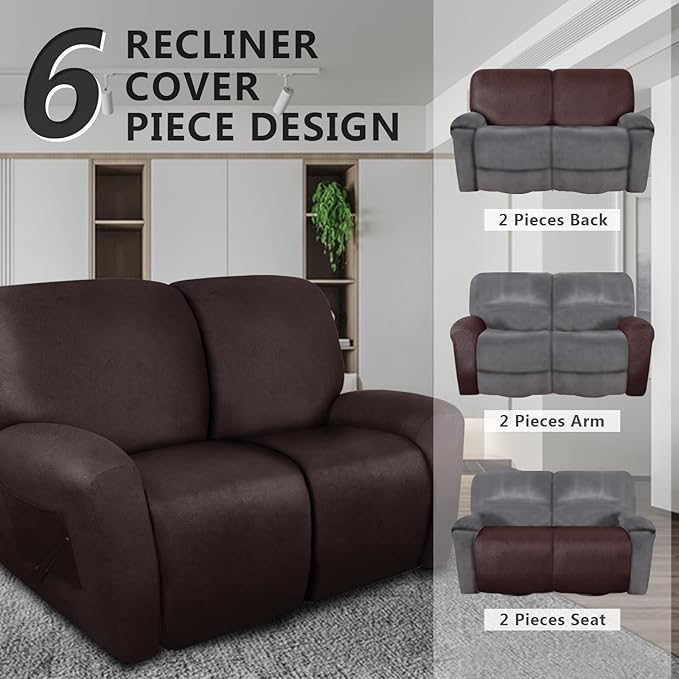 Loveseat Recliner Slipcover Large Size Oversized - 6 Pieces Stretch Leather Like Recliner Sofa Cover for 2 Seat Dual Reclining Loveseat Couch Furniture Protector (Chocolate)