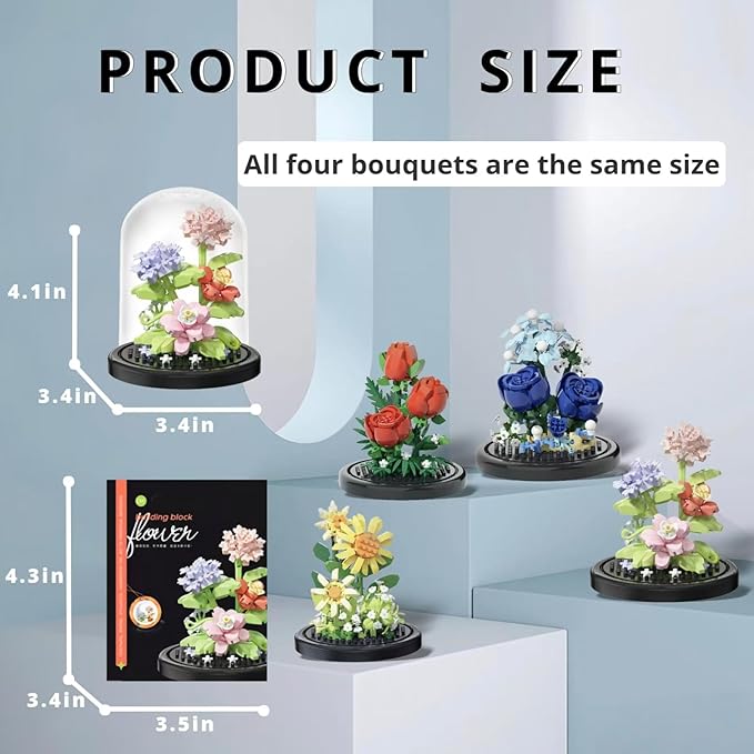 4 Assembly Bonsai Tree Flowers Micro Bricks Building Set with Dust Cover,Artificial Flowers Botanical Collection for Home Decor, Creative Gifts for Adults Women Boys Girls,1136 Pieces