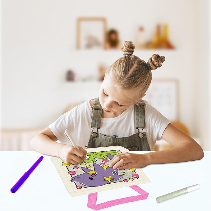 6 Pieces Kids Coloring Goodie Bags, Reusable Canvas Bag, Cute Art Party Favors, Color Your Own Bags for DIY Painting Birthday Carnival Celebration, Party Supplies Gift, Girls