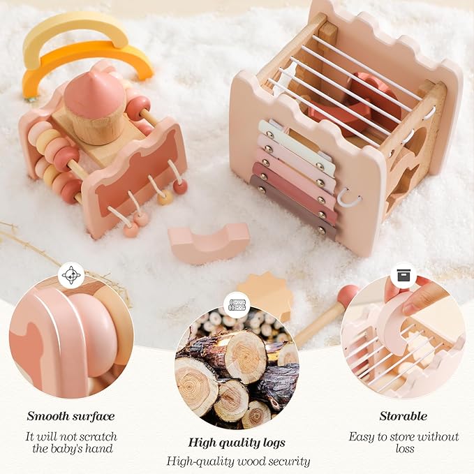 Youuys Wooden Activity Cube 9-in-1 Montessori Toys for 3+ Year Old Boys & Girls, Multipurpose Educational Sensory Learning Toys for Baby Toddlers with Mirror, First Birthday Gift (Castle)