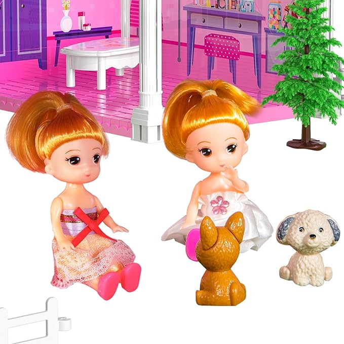 TEMI Villa Toys for 3-8 Years Old Girls - 2 Storeys 4 Rooms Indoor Playset with 2 Dolls, Furniture and Accessories, Pretend Girls Plays, Building Toys, Gifts for Kids 3-5