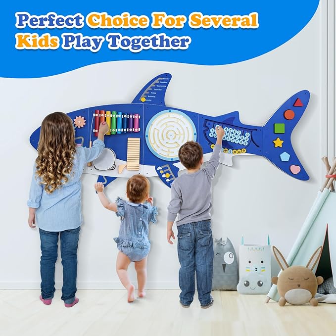 Weihnacht Shark Activity Wall Busy Board Panels,11-in-1 Montessori Sensory Toys, Toddler Learning Activity Center,Wooden Learning Toy Ideal Furniture for Playroom & Children's Daycare