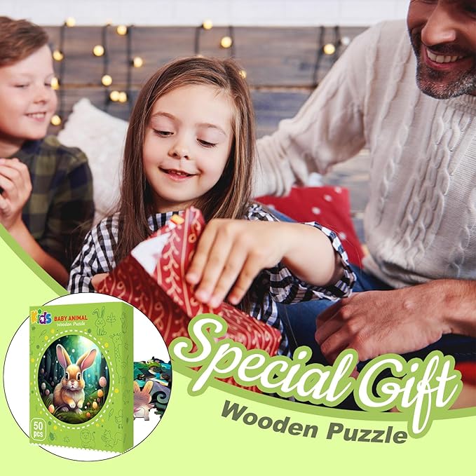 Wooden Jigsaw Puzzles for Kids Ages 4-6, 50 Piece Unique Shape Animal Theme Puzzle - Preschool Learning Educational Toys for Kids 3+, Valentines Day Birthday Easter Gifts for Kids Girls Boys (rabbits)