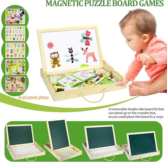 MICKYU Wooden Magnetic Board Puzzle Games, Double Sided Chalk Board Art Easel for Kids, Educational Portable Travel Toy for Kids Ages 3-5